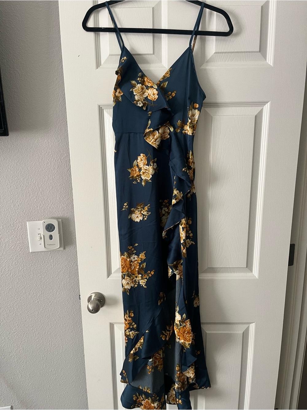 Magnolia Navy Floral silk Ruffle Maxi Dress